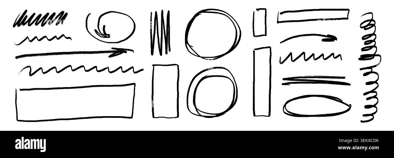 Hand drawn crayon scribble highlight collection with arrows, circles, frames, rectangles, underlines and sketch marks. Black rough doodle elements for text emphasis, annotation, note taking and design Stock Vector