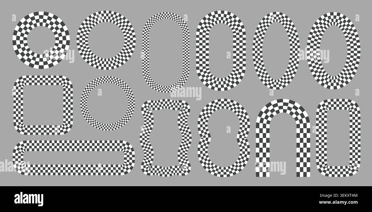 Frames with checkered pattern. Black and white circle chess border. Vector retro shapes with playful geometric squared mosaic elements. Stock Vector