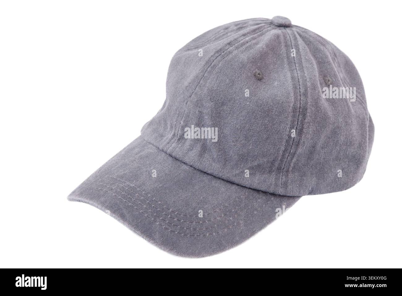Gray Baseball Cap Hat isolated on white background. Stock Photo
