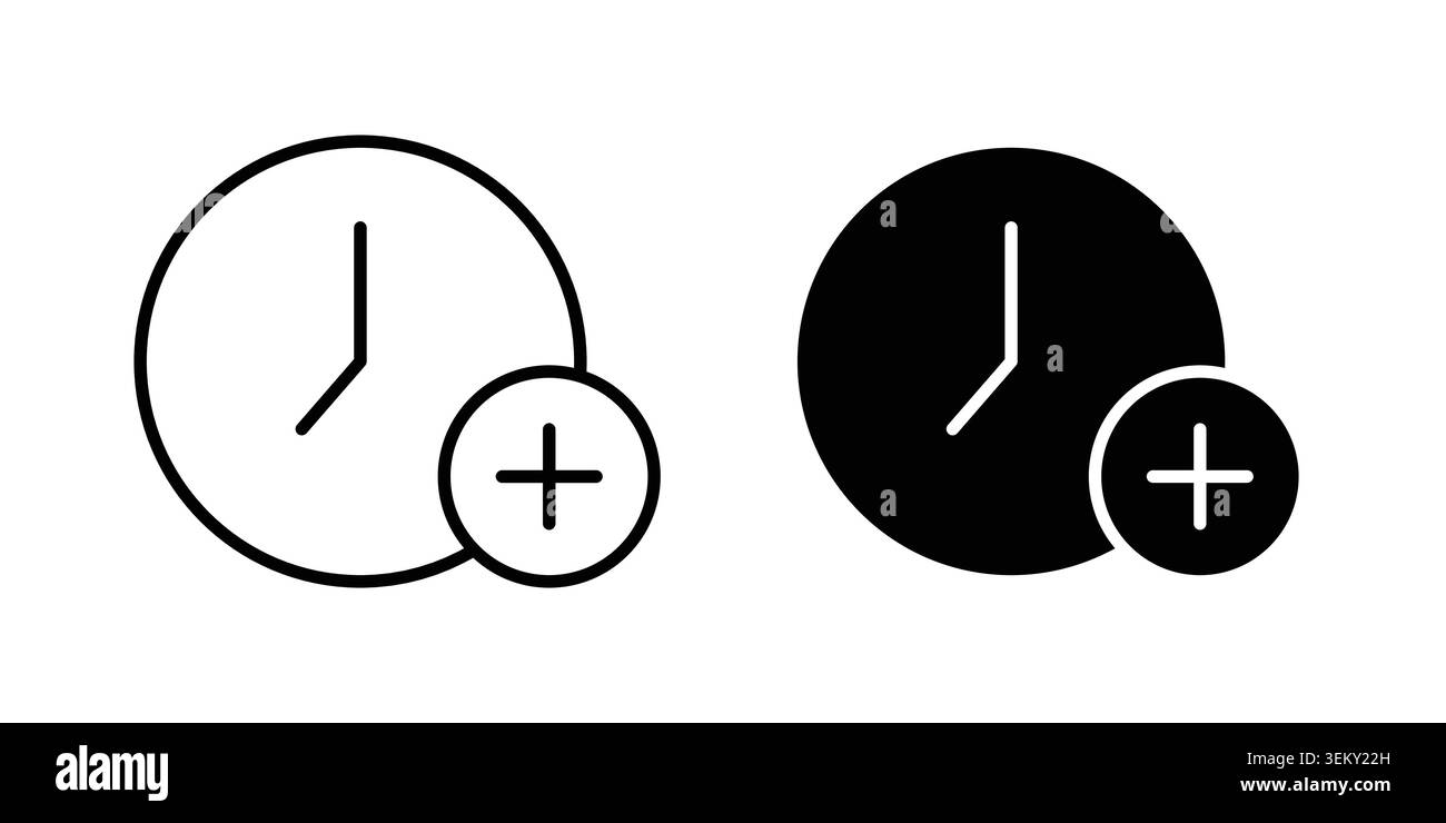 Extra hours icon solid, line, and editable vector set. Stock Vector