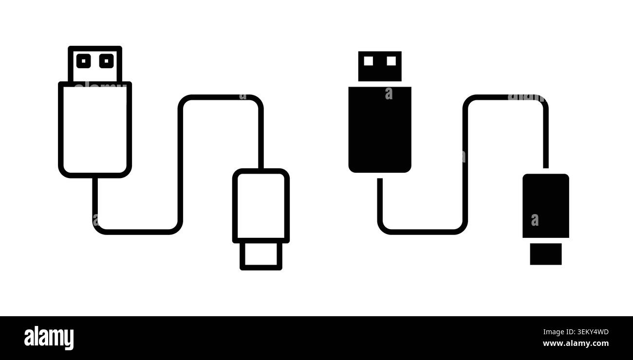 USB cable icon solid, line, and editable vector set. Stock Vector