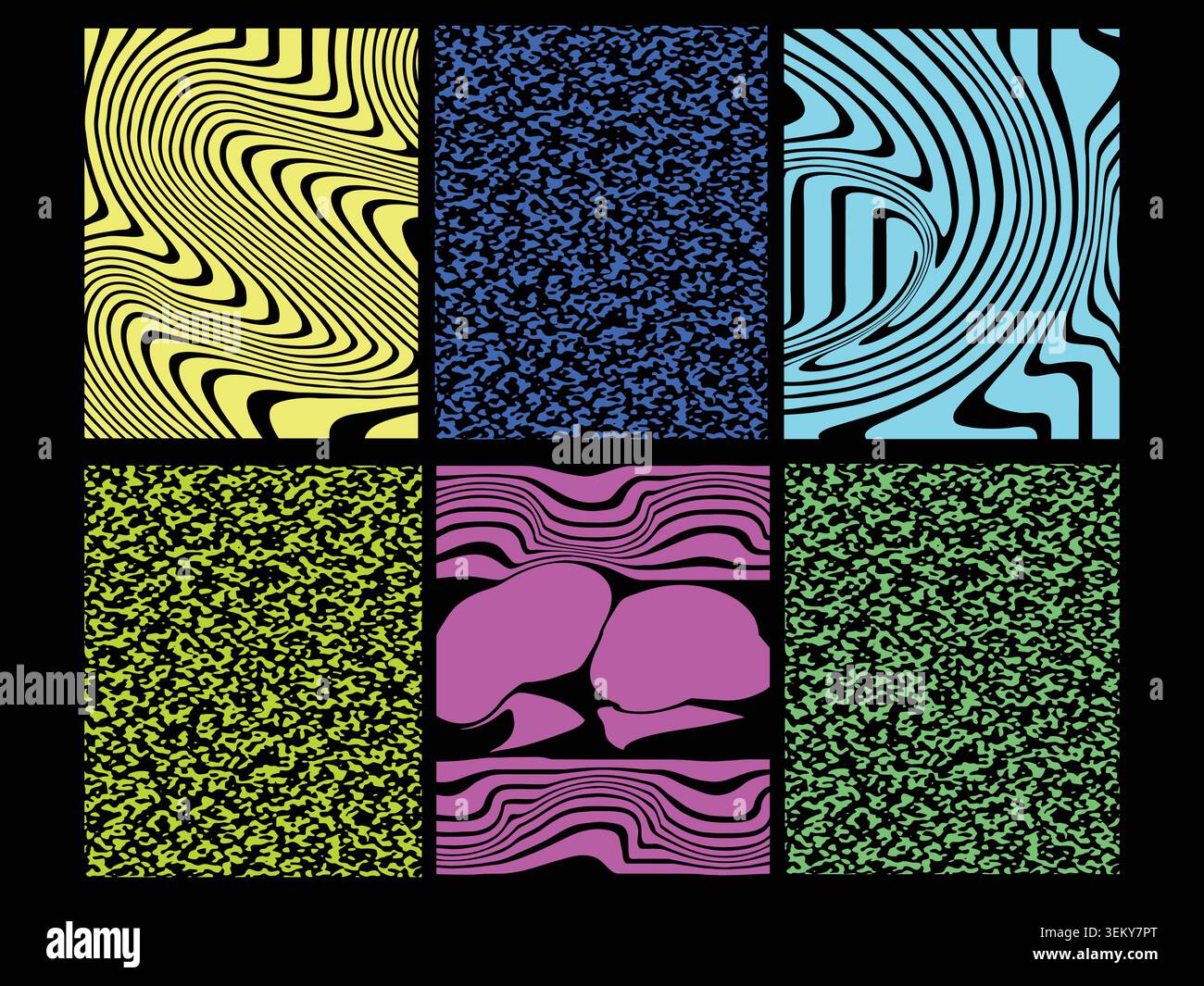 Retro psychedelic pattern set with wavy lines and noise textures on black Stock Vector