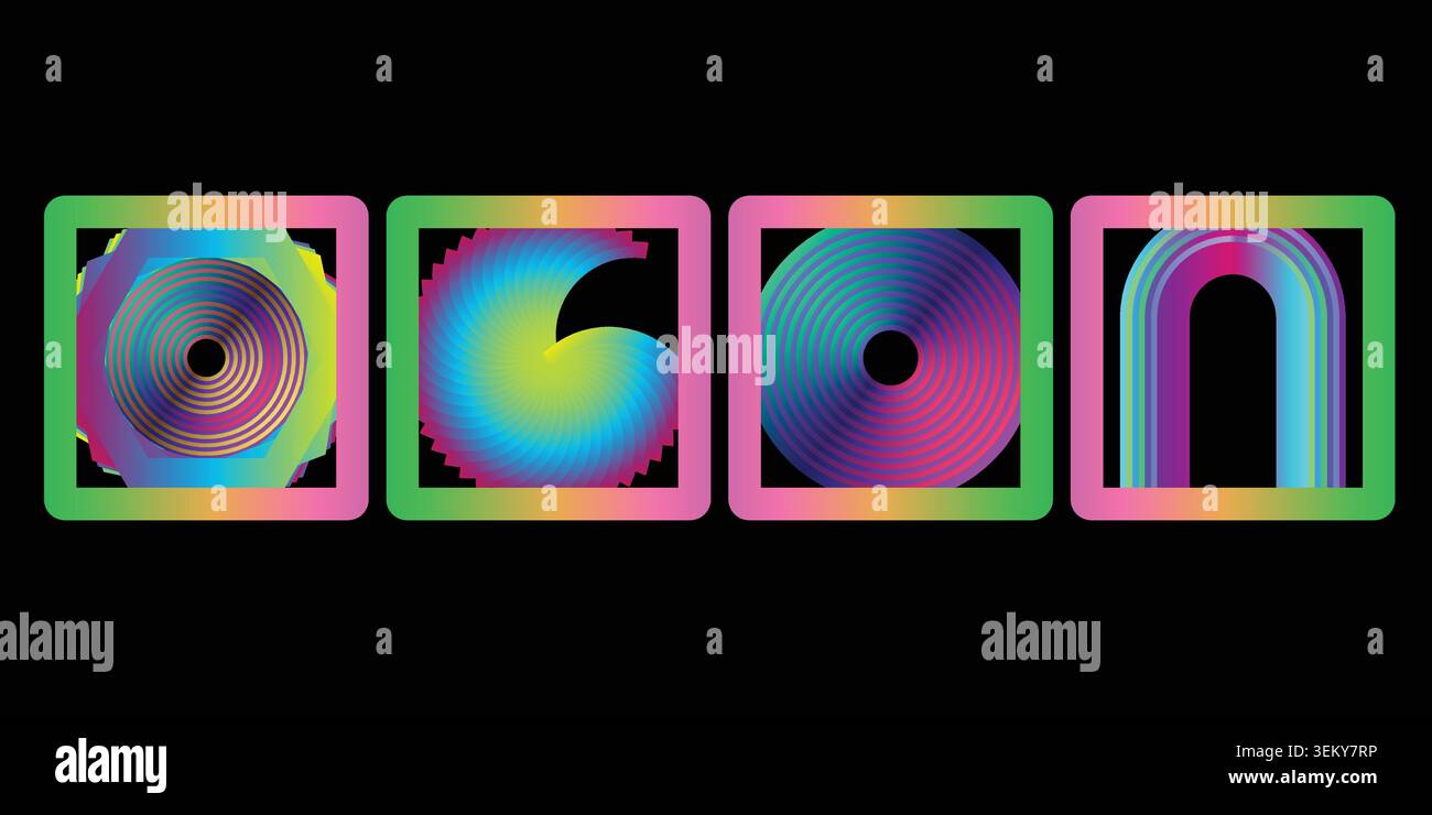 Psychedelic neon circle patterns in frames with psychedelic abstract illusion Stock Vector