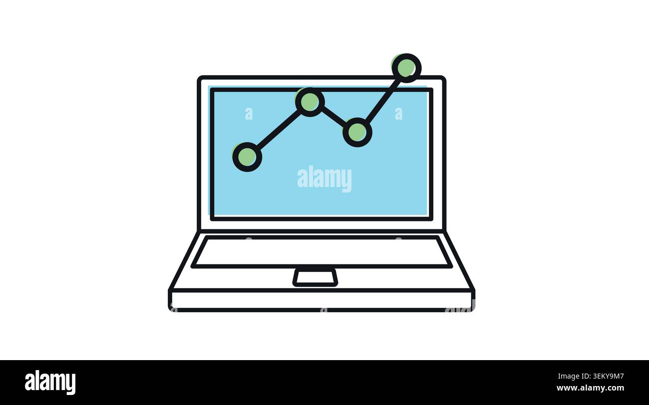 Laptop node chart analytics icon: portable notebook computer displaying line graph and connection nodes on screen, modern black line art with offset c Stock Vector