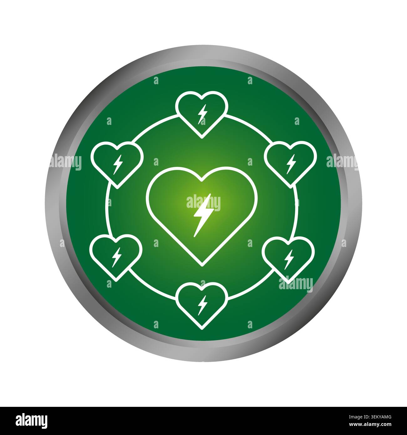 Green hearts button features network connection vector shape. Ecological community emblem visualizes power and complements team. eps 10 Stock Vector