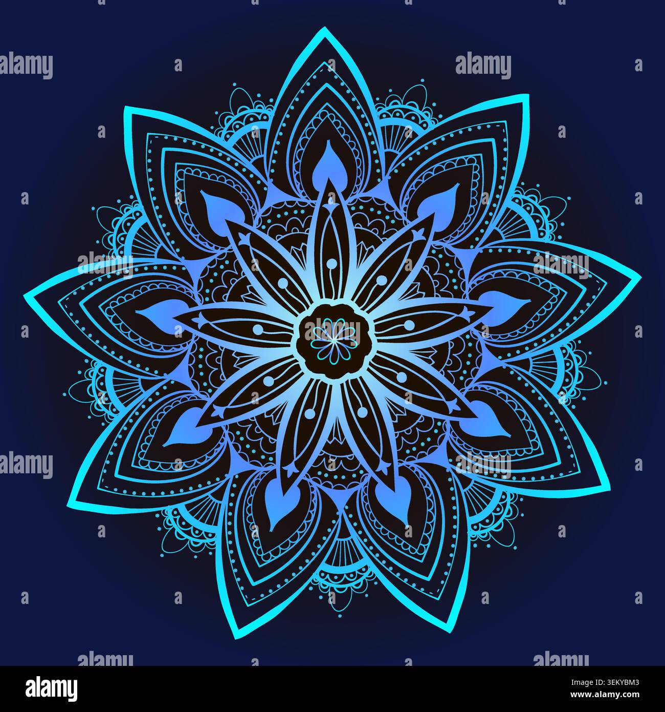 Blue chakra mandala glows in deep blue tones Stock Vector