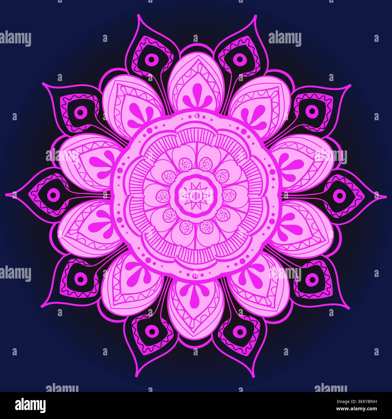 Vibrant purple mandala against deep navy backdrop Stock Vector