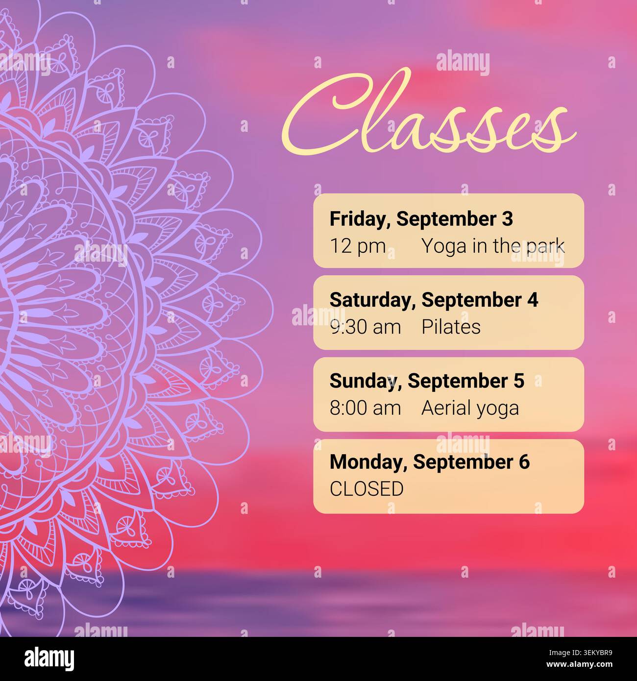 Yoga classes schedule against vibrant background Stock Vector