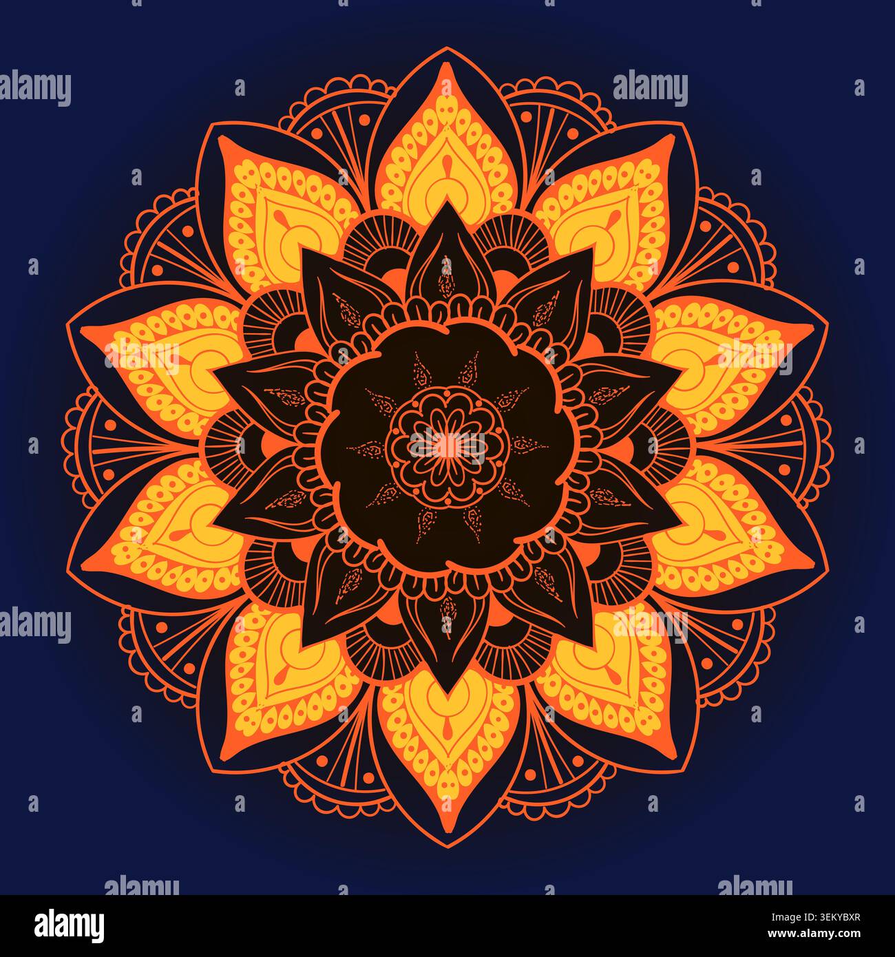 Orange chakra mandala against deep navy background Stock Vector
