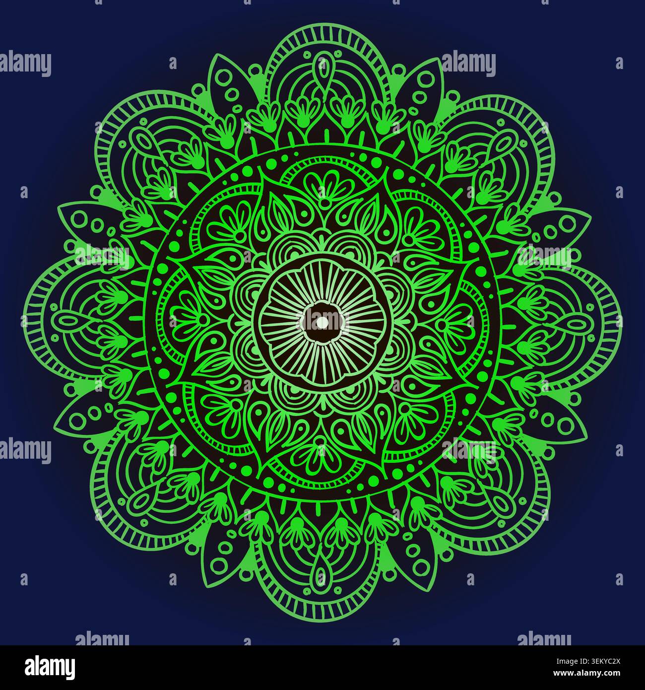 Vibrant green chakra mandala against deep blue Stock Vector