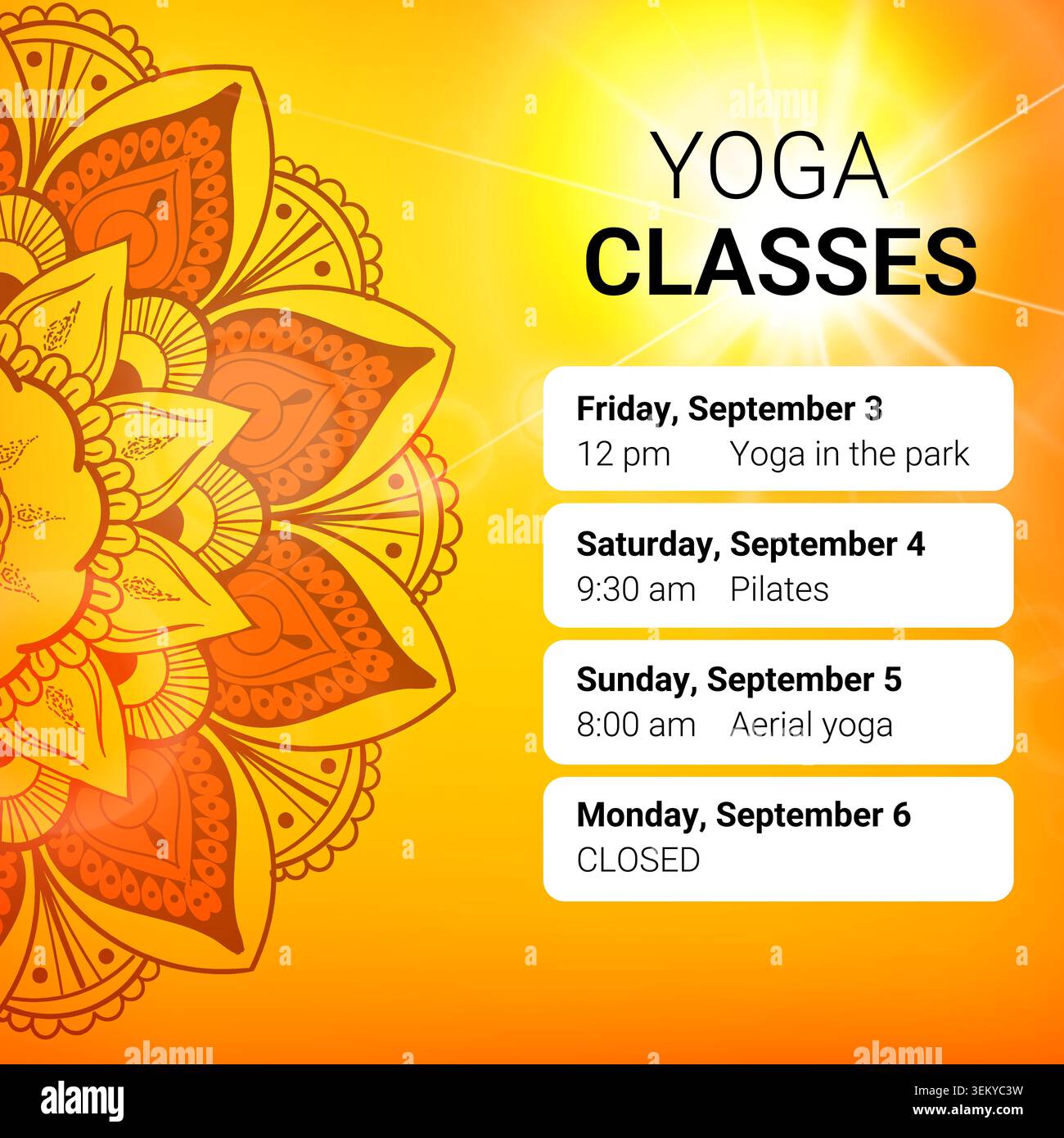Vibrant mandala frames warm yoga class schedule Stock Vector