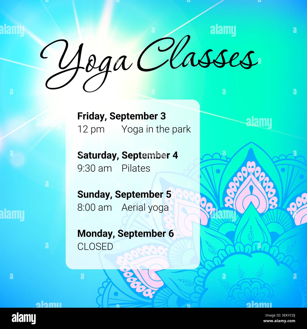 Yoga classes schedule glows with sunbeam warmth Stock Vector