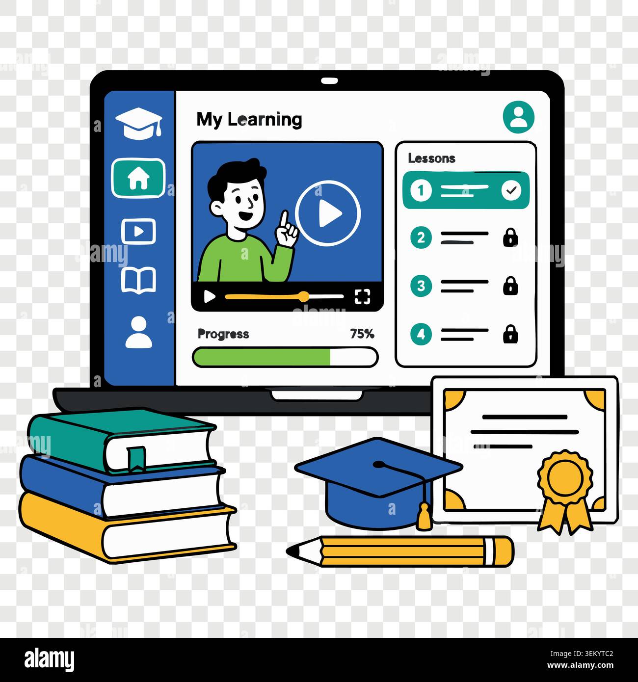 E-learning platform educational dashboard interface on screen with graduate cap diploma and books Stock Vector