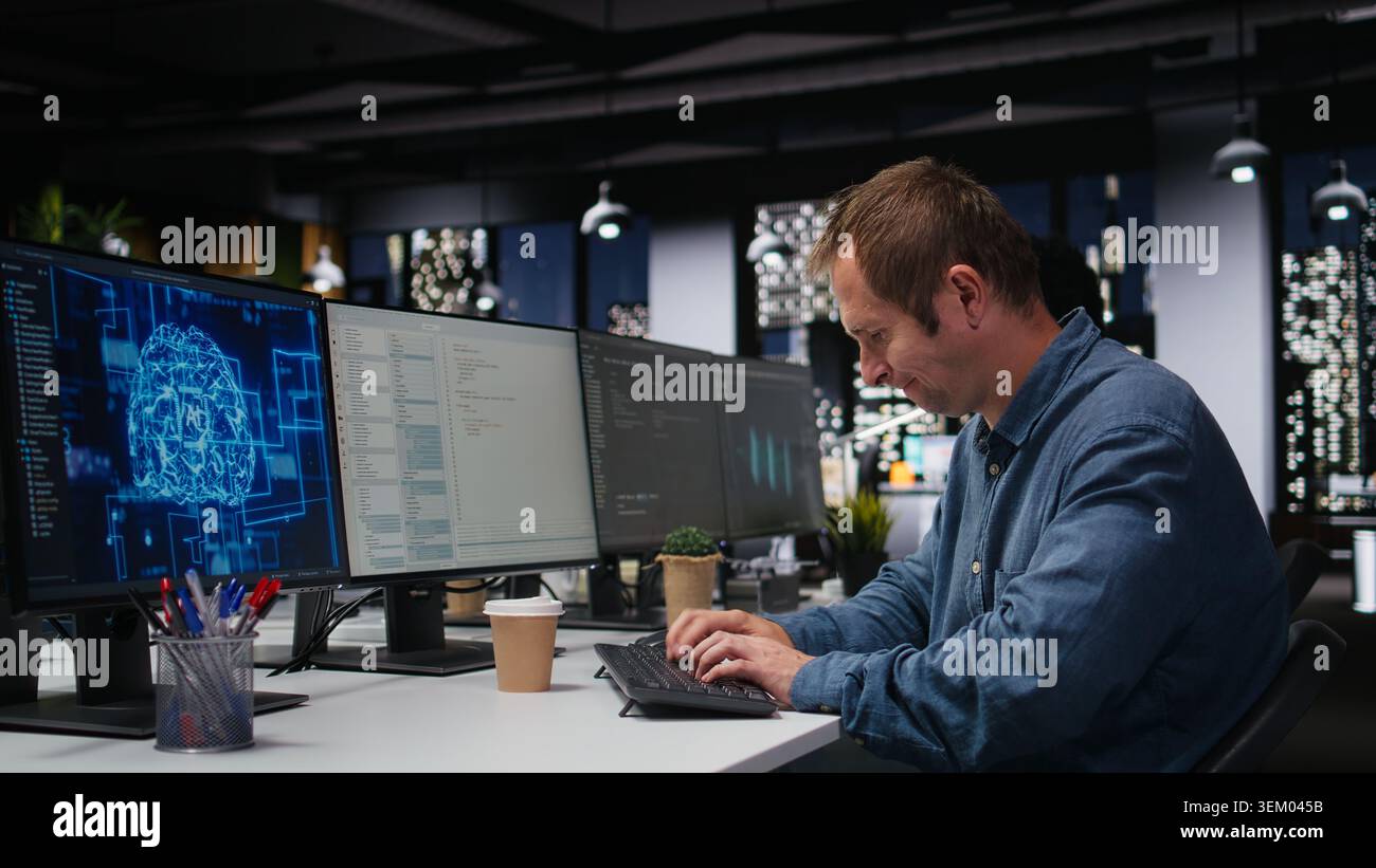 Tech startup worker drinking coffee, developing AI algorithms in high rise office. Caffeinated programmer energetically debugging neural network brain models on screens Stock Photo