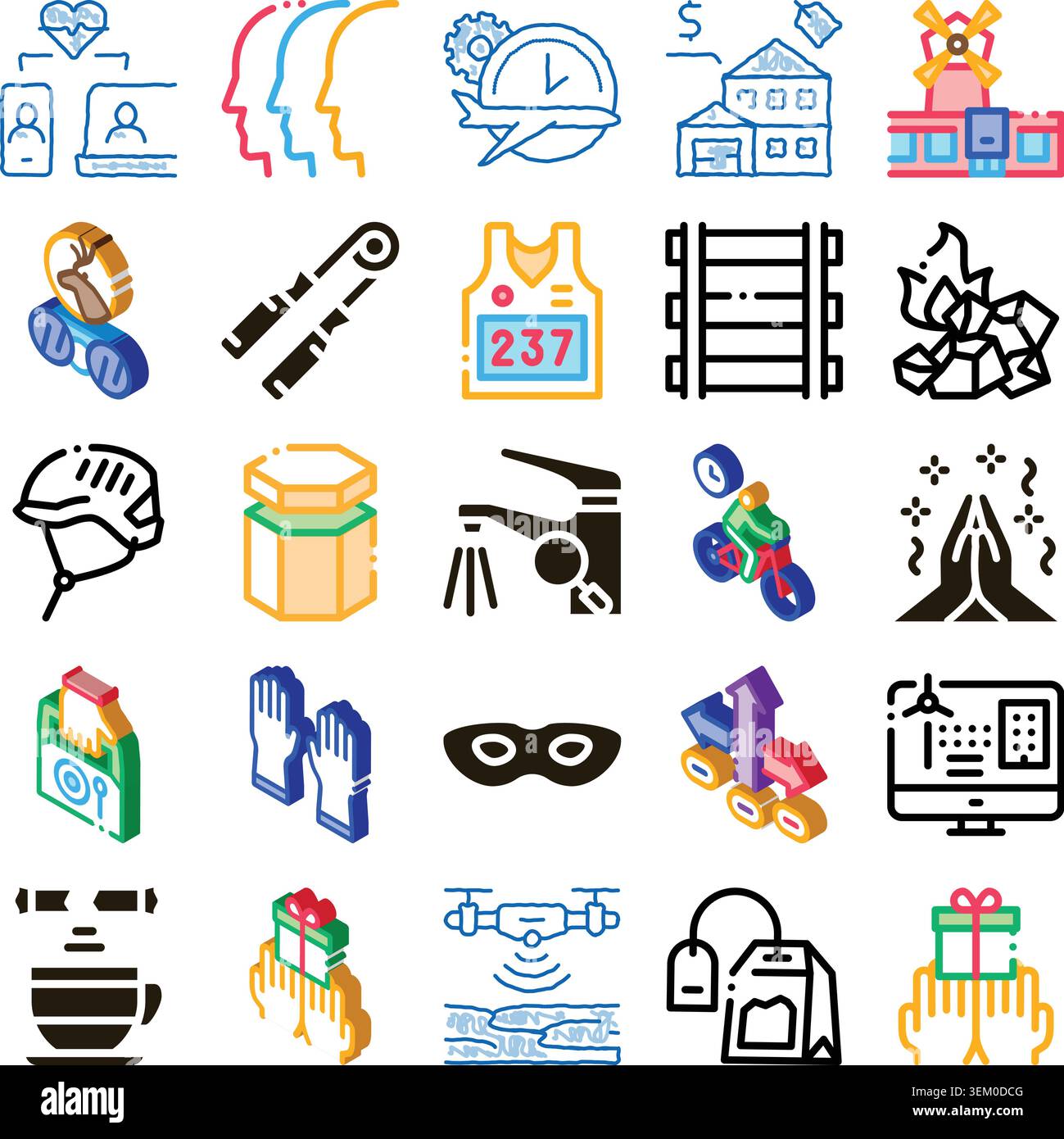Diverse isometric icons illustrating various concepts and objects Stock Vector