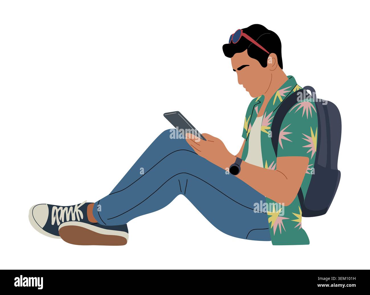 Young man freelancer sits focused on tablet Stock Vector