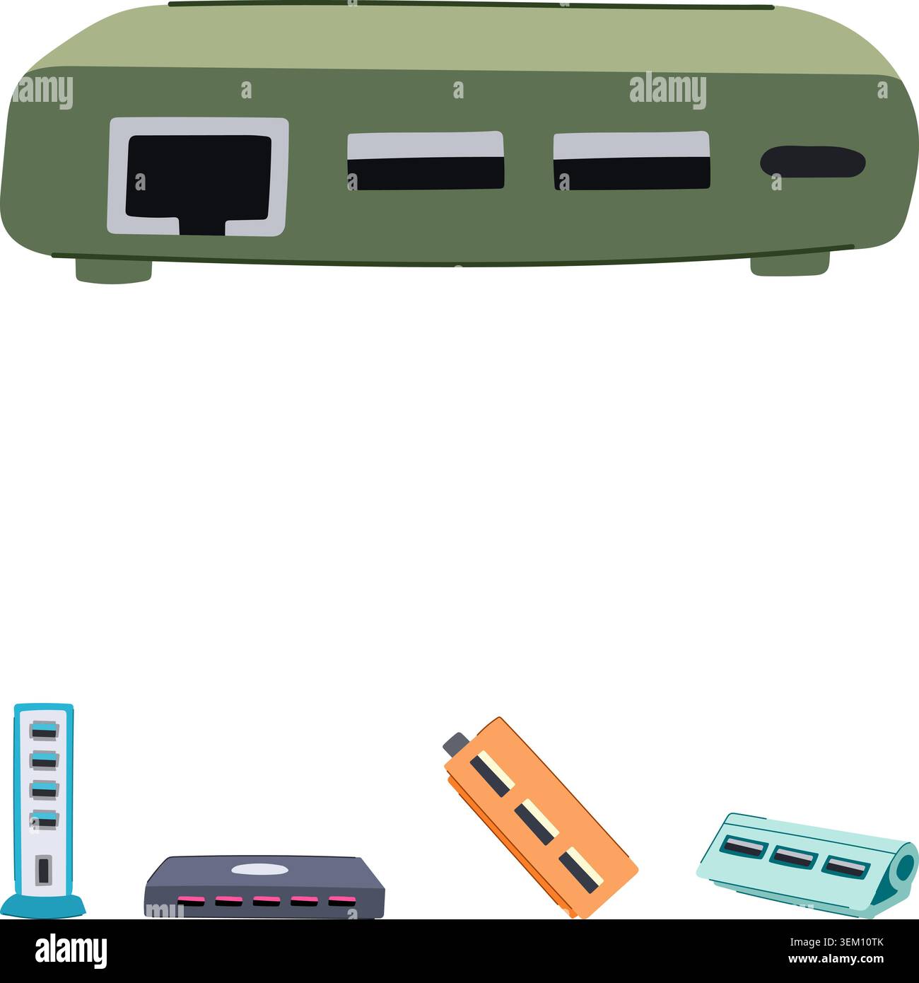 Usb hub devices connecting multiple peripheral electronics Stock Vector