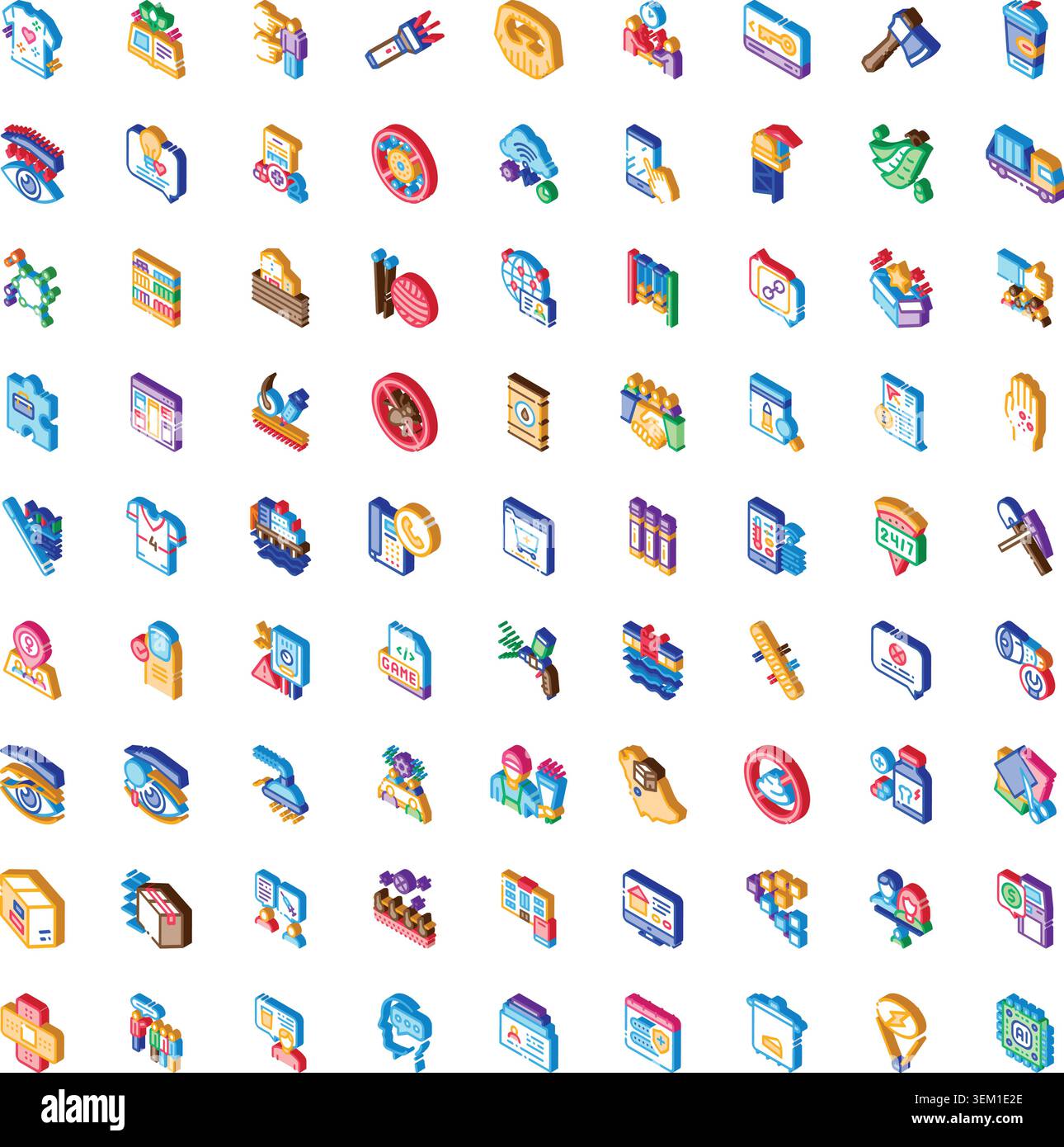 Isometric icon set representing digital technology and business concepts Stock Vector