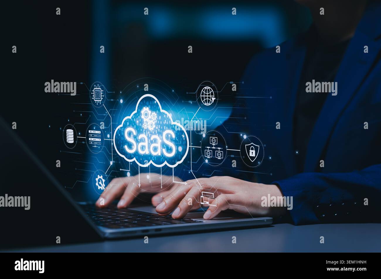 SaaS Software as a Service. cloud computing and software service platform concept. digital cloud, data servers, automation, cybersecurity, network Stock Photo