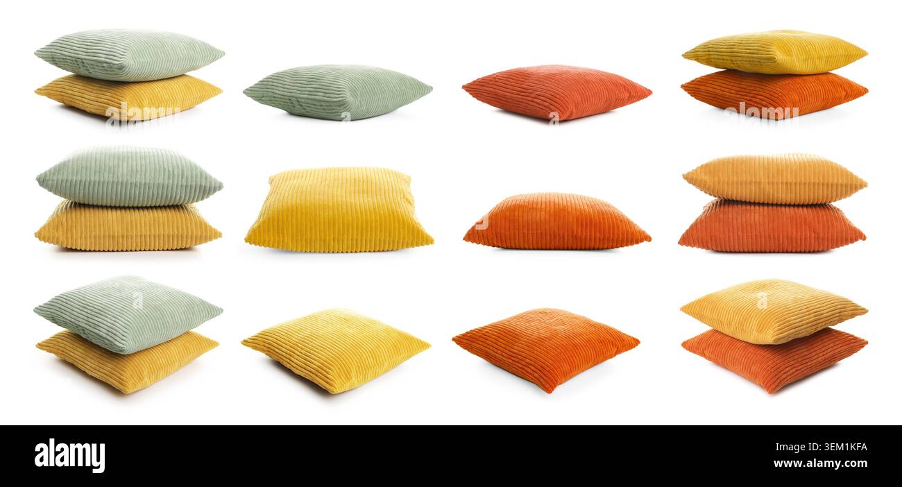 Different throw pillows isolated on white, set Stock Photo