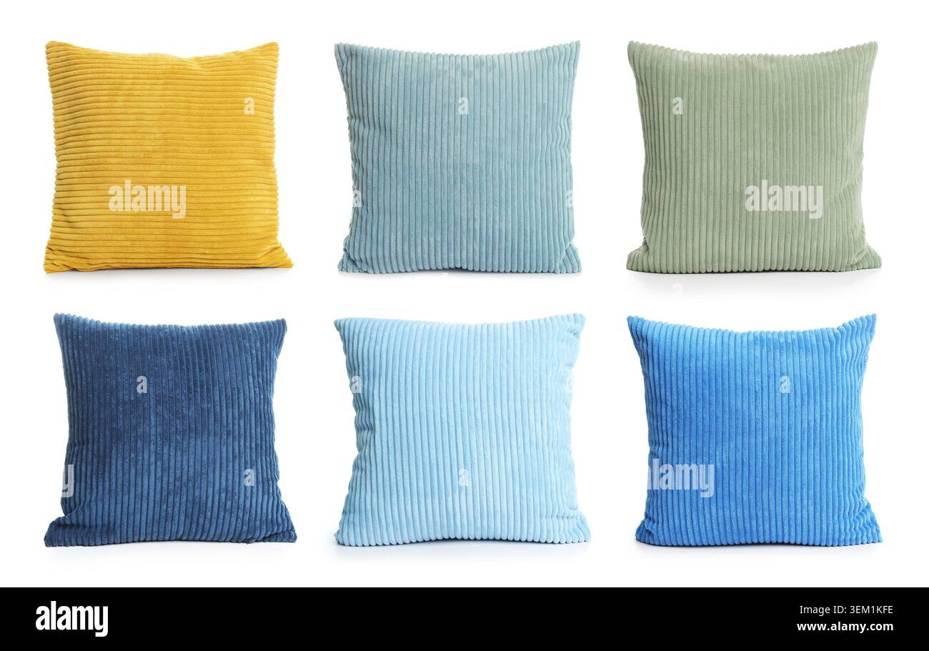 Different throw pillows isolated on white, set Stock Photo