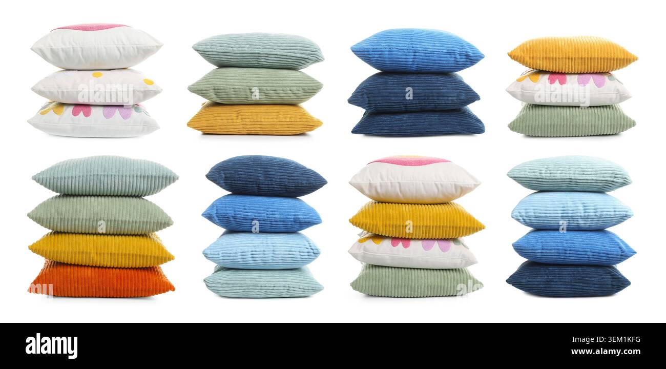 Different throw pillows isolated on white, set Stock Photo