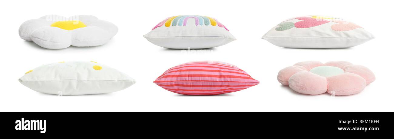 Different throw pillows isolated on white, set Stock Photo