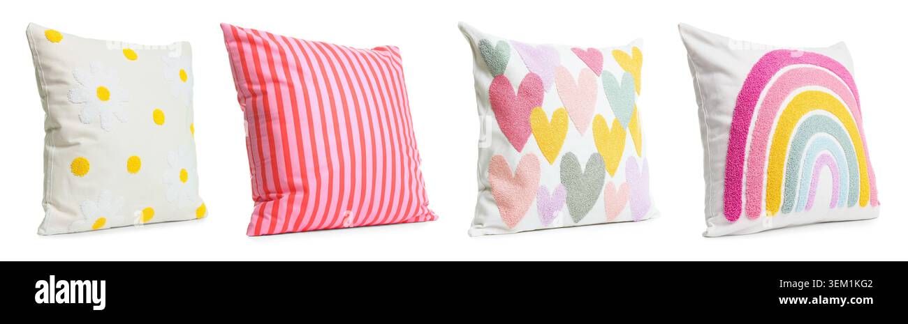 Different throw pillows isolated on white, set Stock Photo