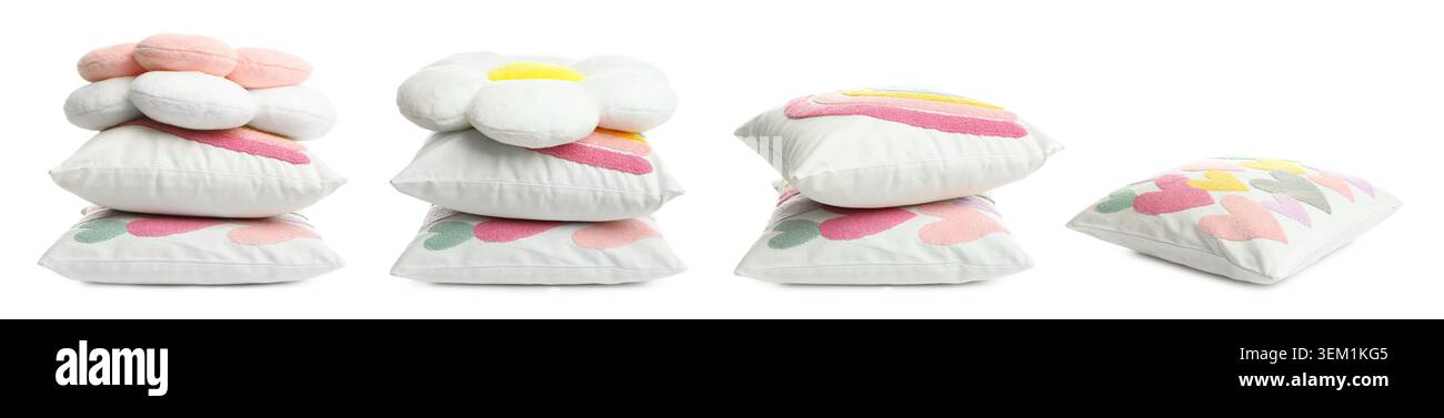 Different throw pillows isolated on white, set Stock Photo