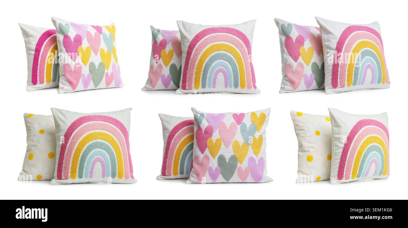 Different throw pillows isolated on white, set Stock Photo