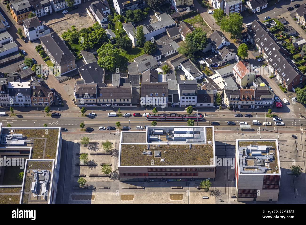 Aerial view, Hochschule Ruhr West - Campus Muelheim, Duisburger Strasse, building project student housing Duisburger Strasse 151-155, Broich, Muelheim Stock Photo
