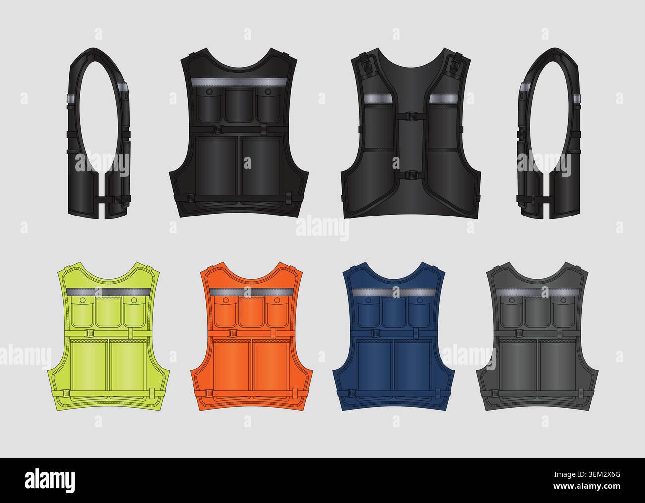 Multi Pocket Safety Vest Vector Mockup High Visibility Construction Workwear Set Stock Vector