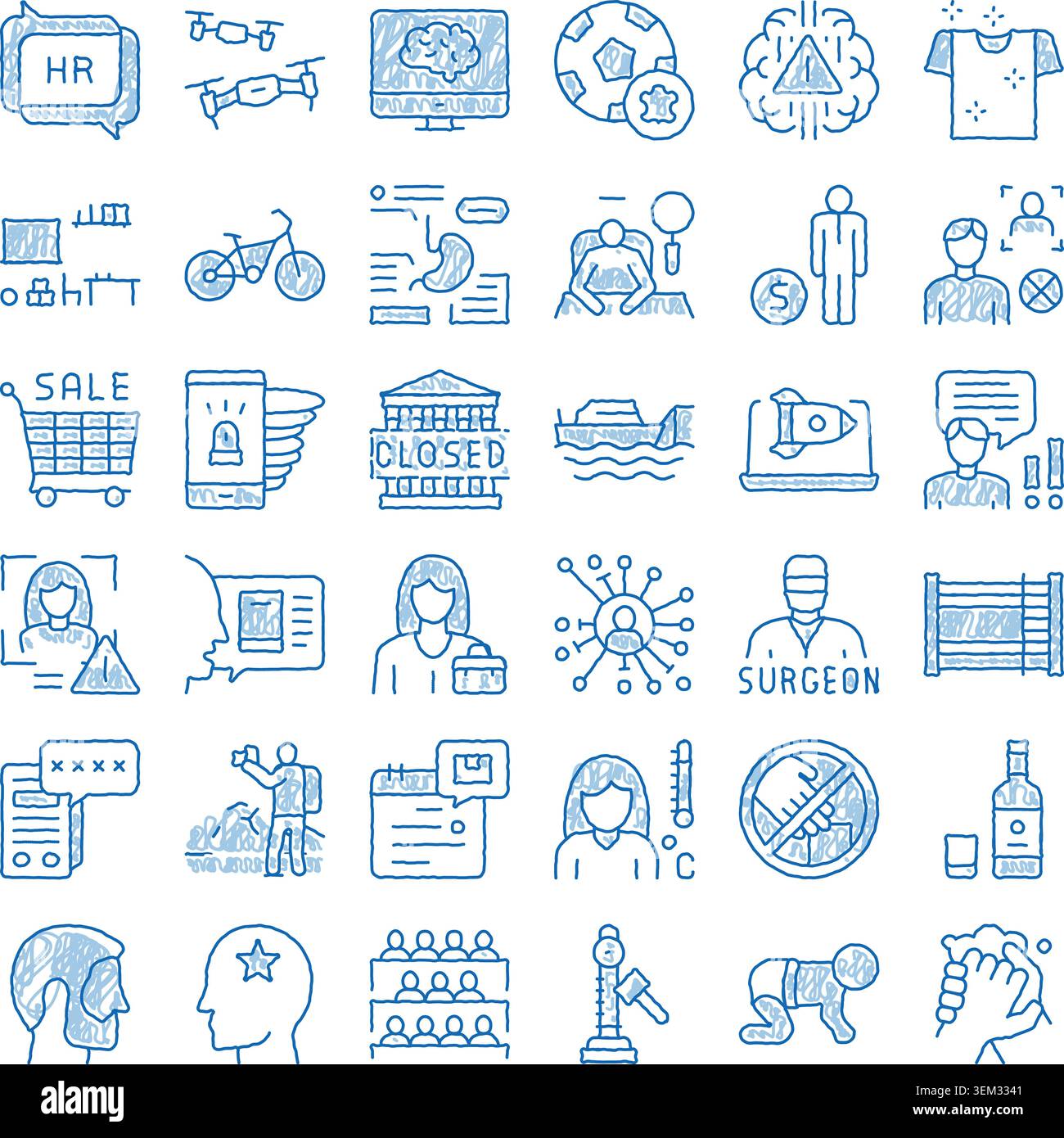 Blue doodle icons set representing various concepts Stock Vector