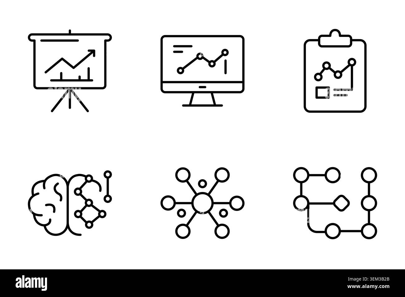 Data analysis statistics business intelligence workflow process line icon set Stock Vector