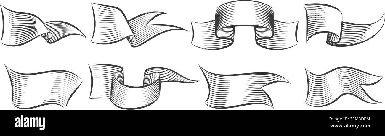 Engraving waving flags set Stock Vector