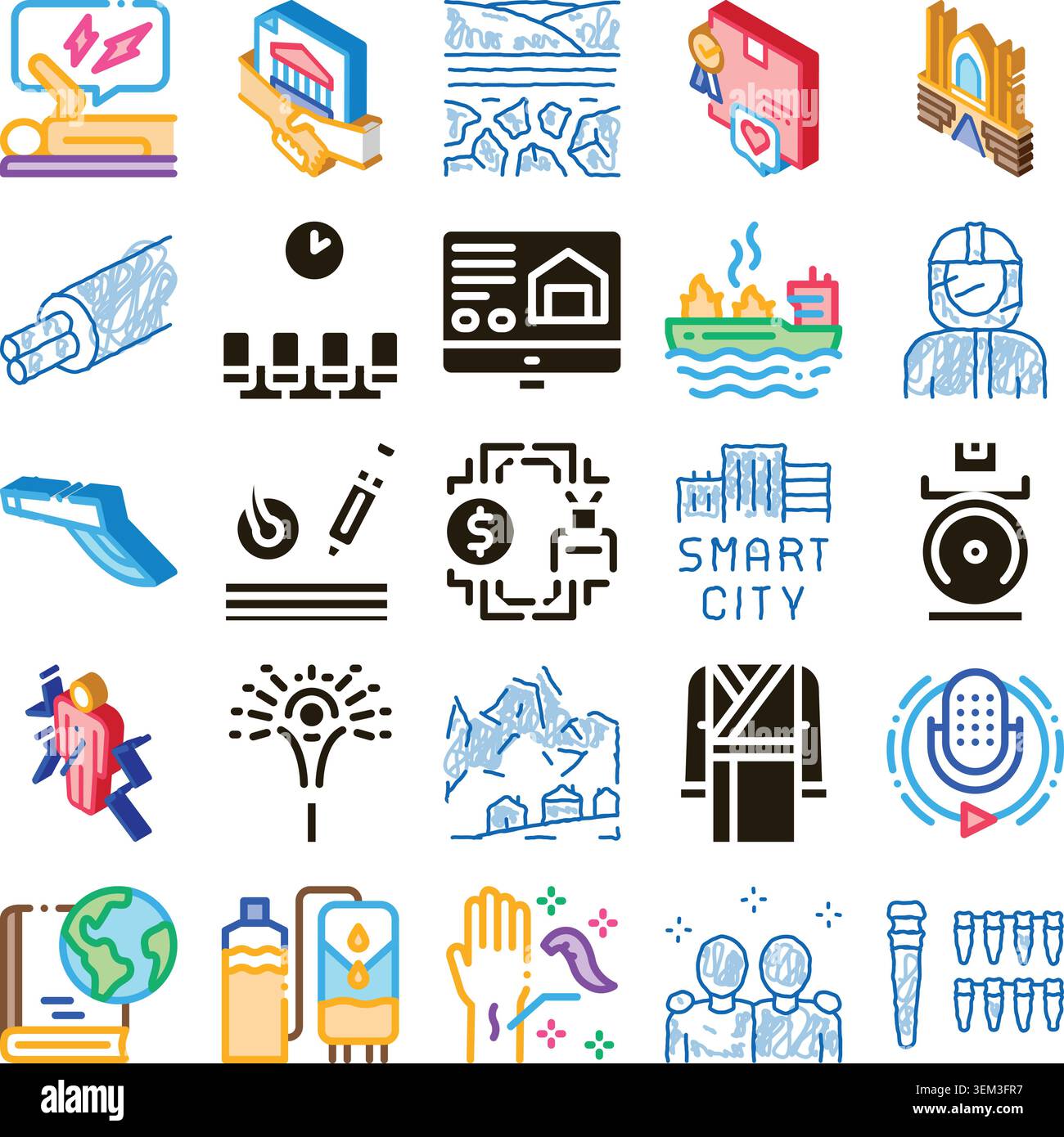 Collection of diverse outline icons depicting various concepts and situations Stock Vector