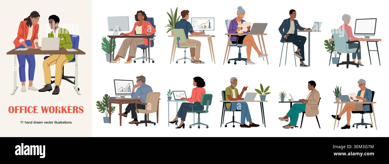 Diverse office workers sittin at desk with laptops Stock Vector