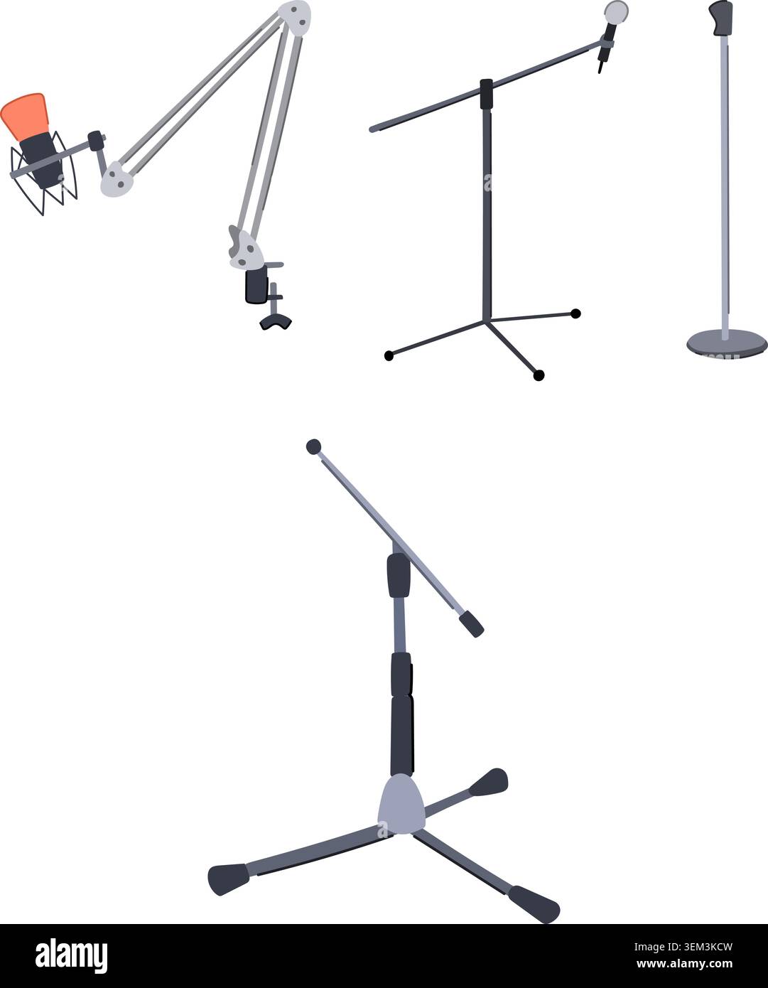 Audio recording equipment with various microphone stands Stock Vector
