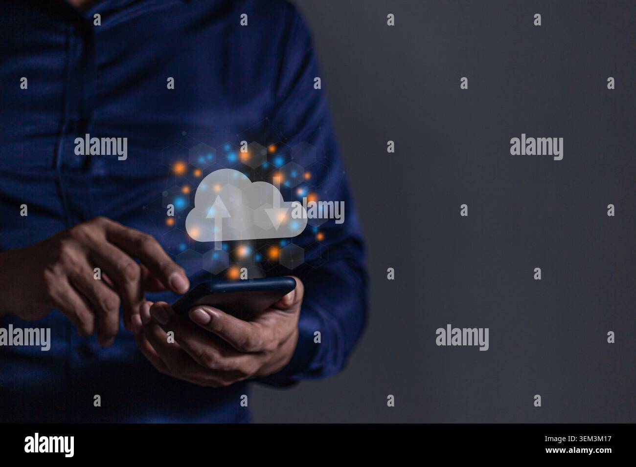 Young man with smartphone mobile hand touching to cloud computing diagram, Data storage, Cloud technology, Cloud Computing Storage Stock Photo