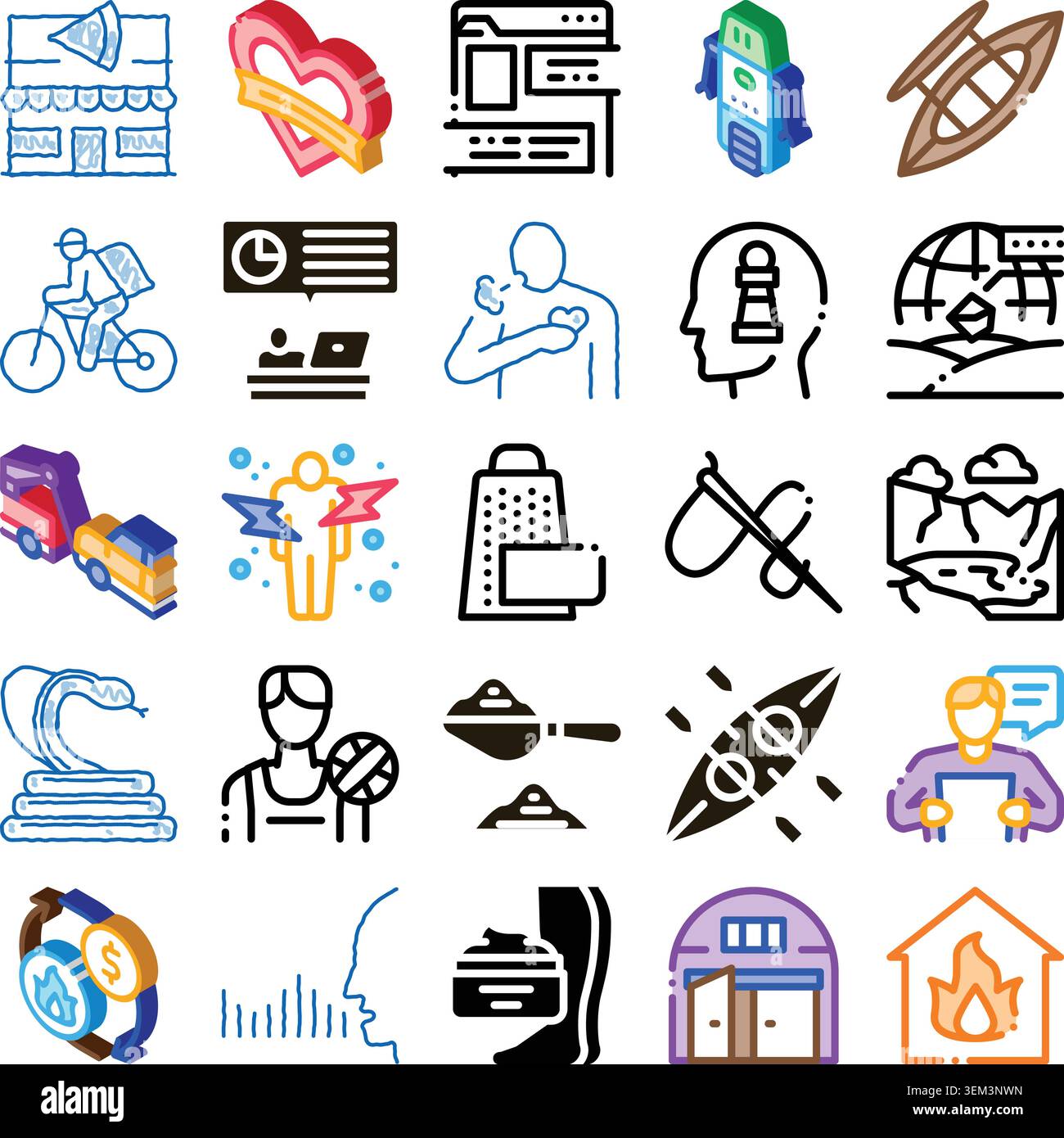 Diverse collection of minimalist outline and isometric icons Stock Vector