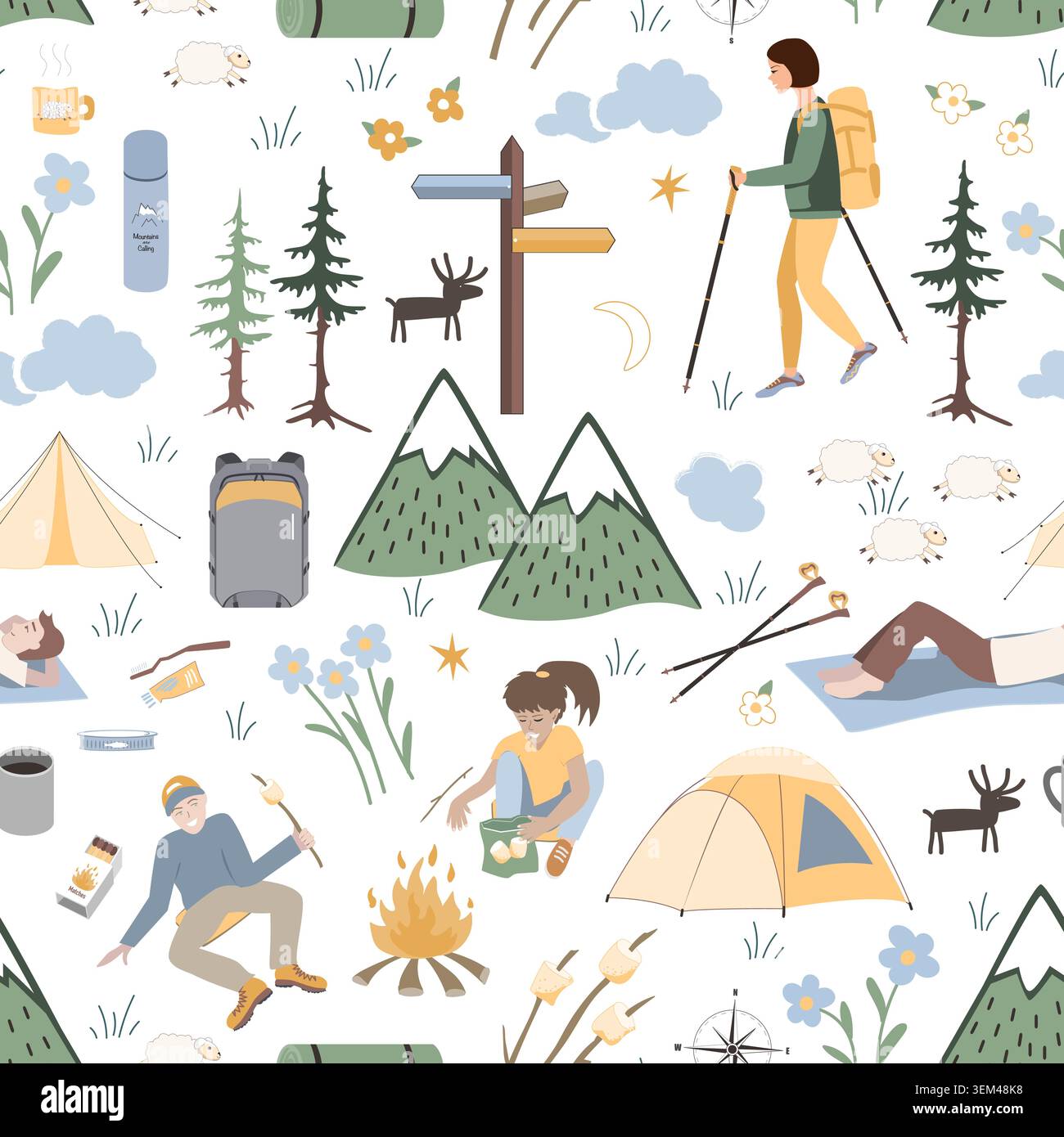 Seamless pattern with camping elements. Hand drawn design for fabric, print, wrapper, textile. Vector illustration Stock Vector