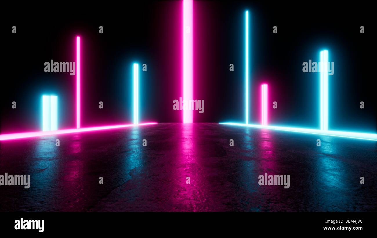Abstract neon light pillars glowing on a dark reflective surface Stock Photo