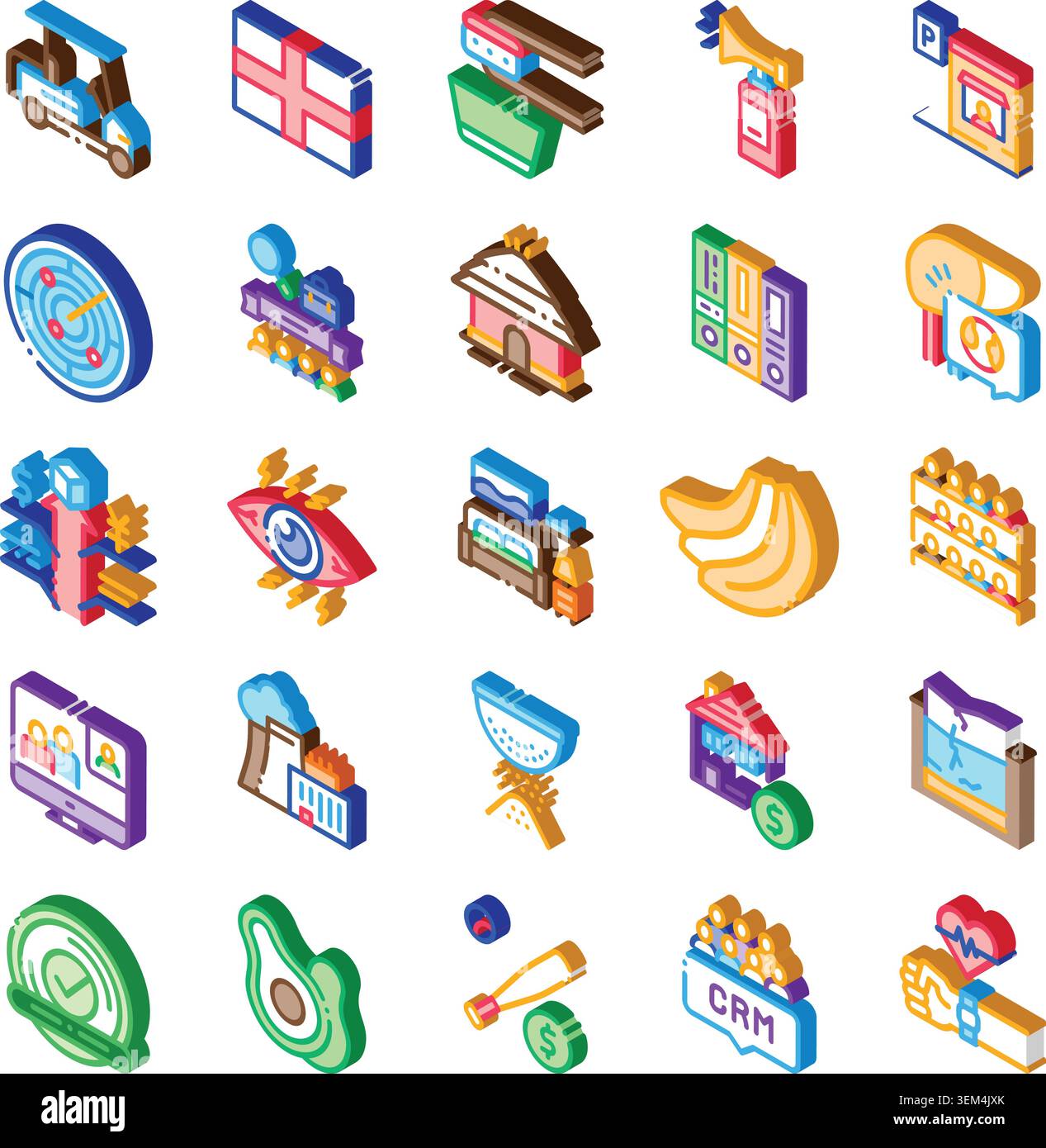 Assorted isometric icons set illustrating various concepts Stock Vector