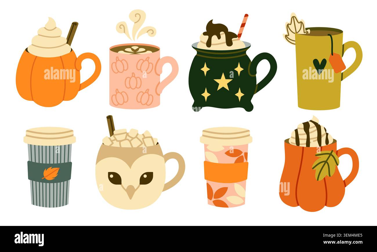 Autumn Hot Drinks Vector Set Flat Pumpkin Latte Cocoa Collection Isolated Stock Vector