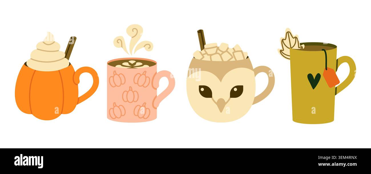 Cute Fall Beverage Ceramic Mug Set Flat Illustration on White Background Stock Vector