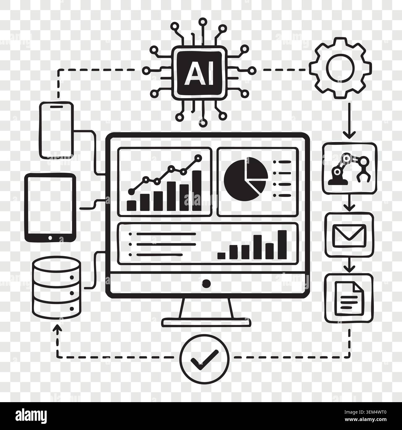 Computer screen with artificial intelligence core dashboard displaying data graphs metrics file server and mobile phone connections Stock Vector