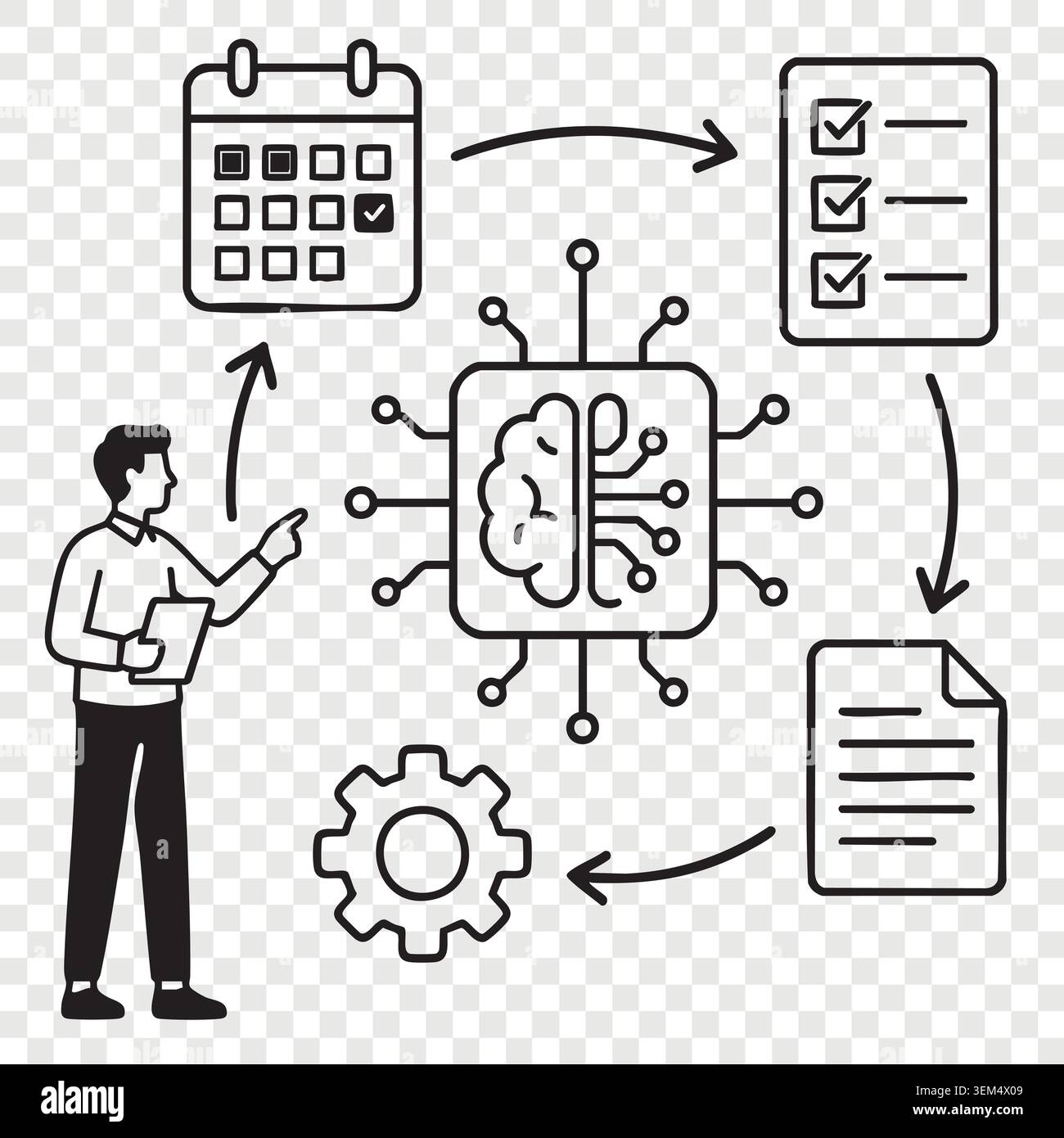 Man presenting artificial intelligence neural network data processing with cybernetic brain digital gears and analytical chart Stock Vector