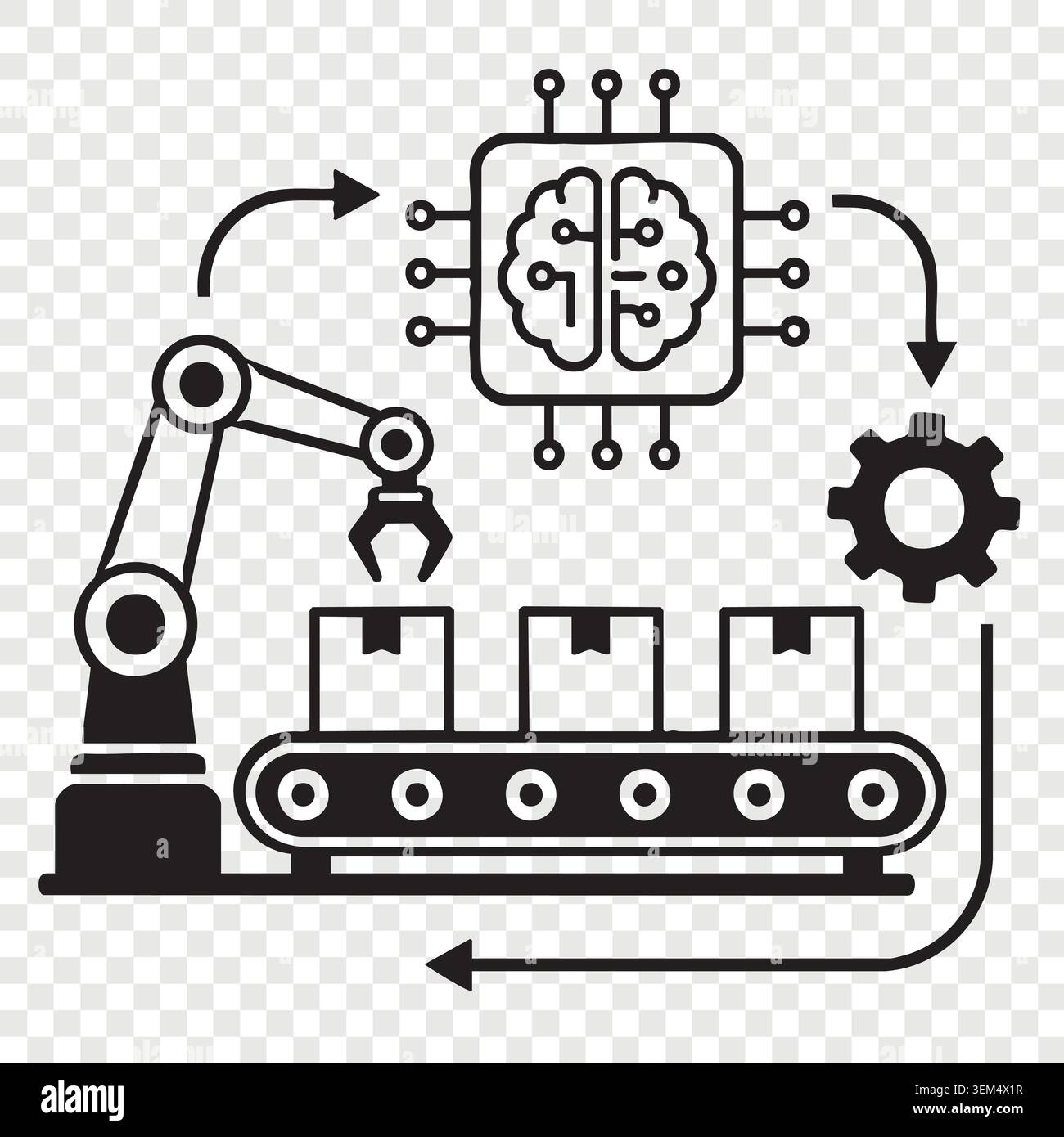 Robotic arm sorting boxes on conveyor belt with artificial intelligence brain chip control system for smart logistics Stock Vector