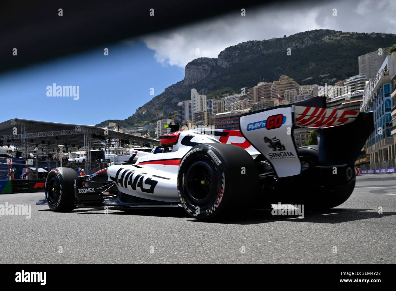 Haas driver Oliver Bearman of Britain steers his car during the first free Formula One practice at the Monaco racetrack, in Monaco, Friday, June 5, 2026. (AP Photo/Philippe Magoni) Stock Photo