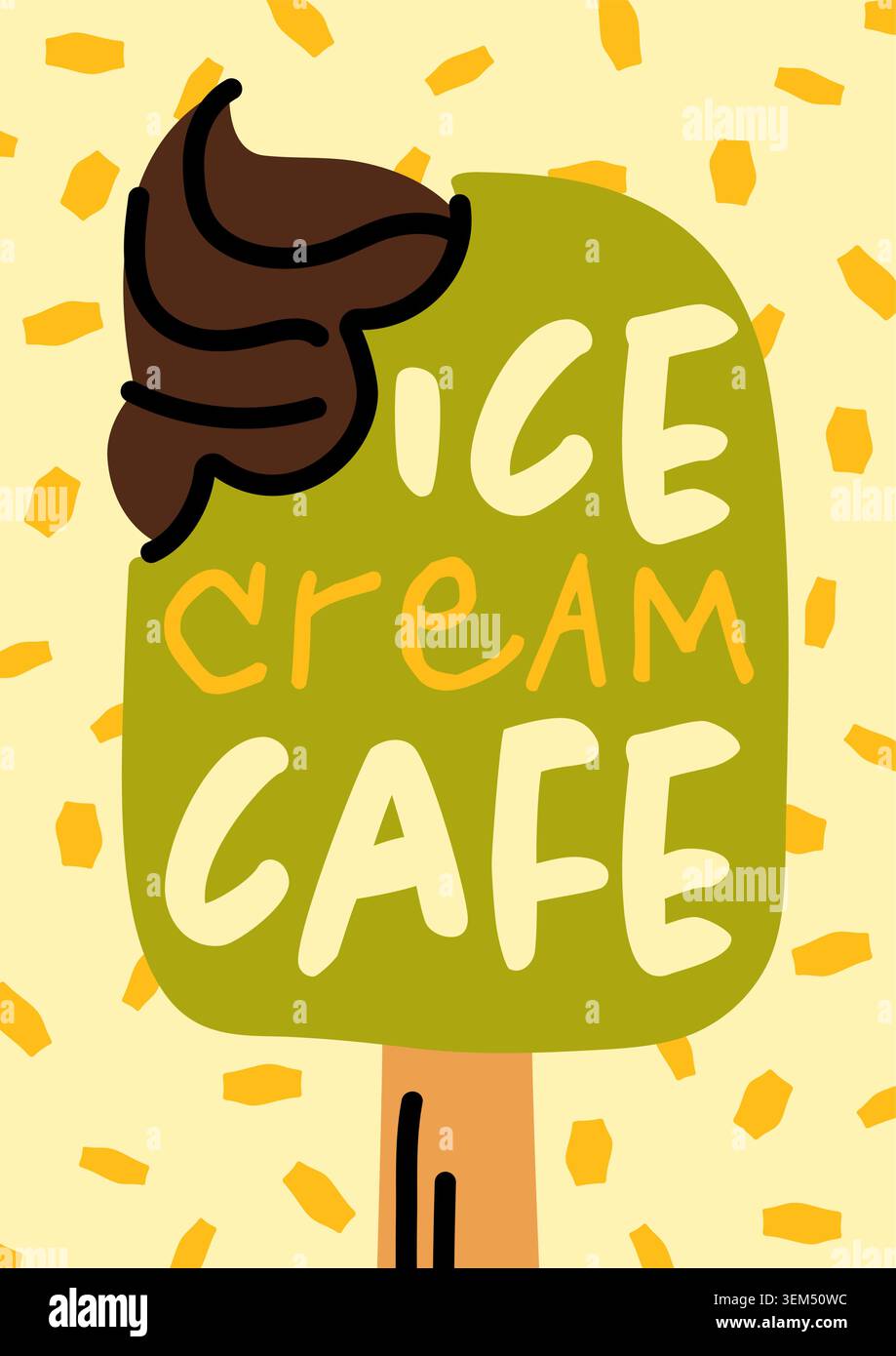 Summer Poster with Green popsicle with chocolate topping and Ice Cream Cafe text on light background with sprinkles. Creative hand drawn vector art Stock Vector